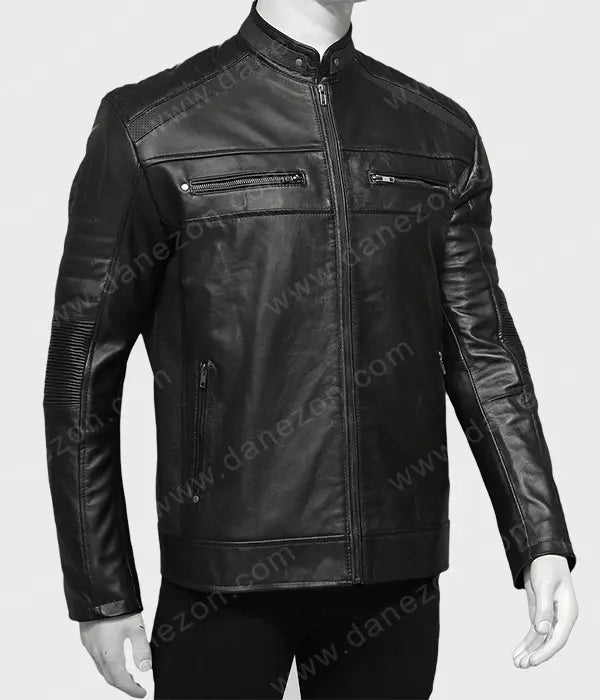 Black Johnson Men Leather Jacket Leather Jacket men detail view 5 | Dash Racegear — Johnson Black Biker Jacket Men
