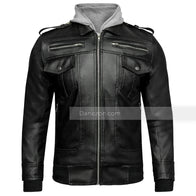Mens Black Leather Jacket with Grey Hood Leather Jacket men front product view | Dash Racegear — mens black leather hooded jacket - grey color