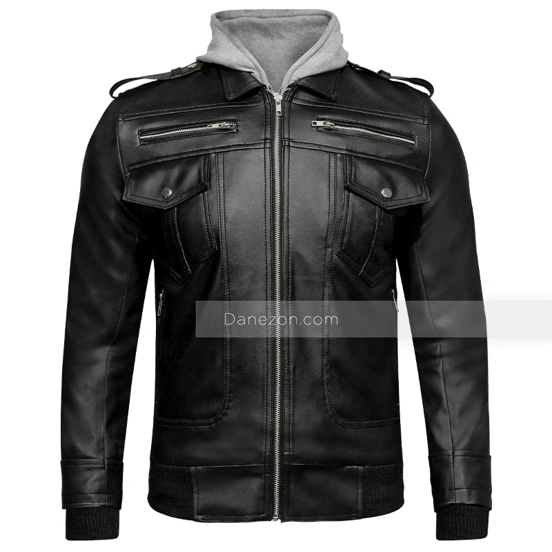 Mens Black Leather Jacket with Grey Hood Leather Jacket men front product view | Dash Racegear — mens black leather hooded jacket - grey color