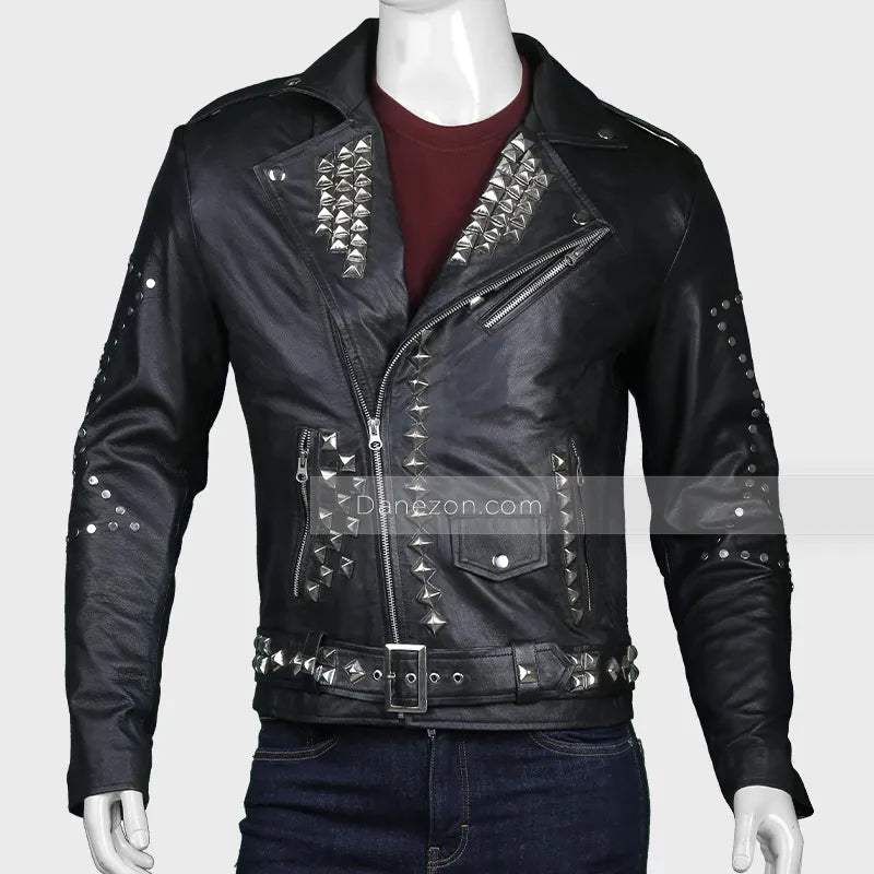 Mens Black Biker Studded Leather Jacket Biker Jacket men front product view | Dash Racegear — Mens Studded Black Leather Biker Jacket