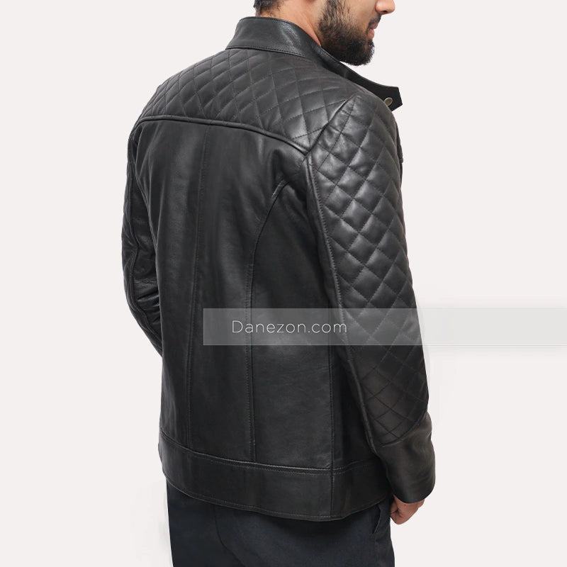 Mens Slim Fit Black Quilted Leather Jacket Leather Jacket men detail view 3 | Dash Racegear — Slim fit black quilted mens jacket