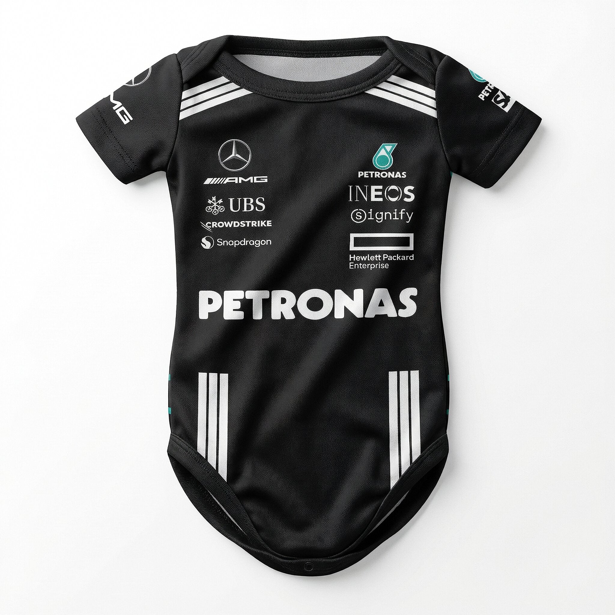 Mercedes Baby Bodysuit Onesie 2025 front view baby onesie by Dash Racegear