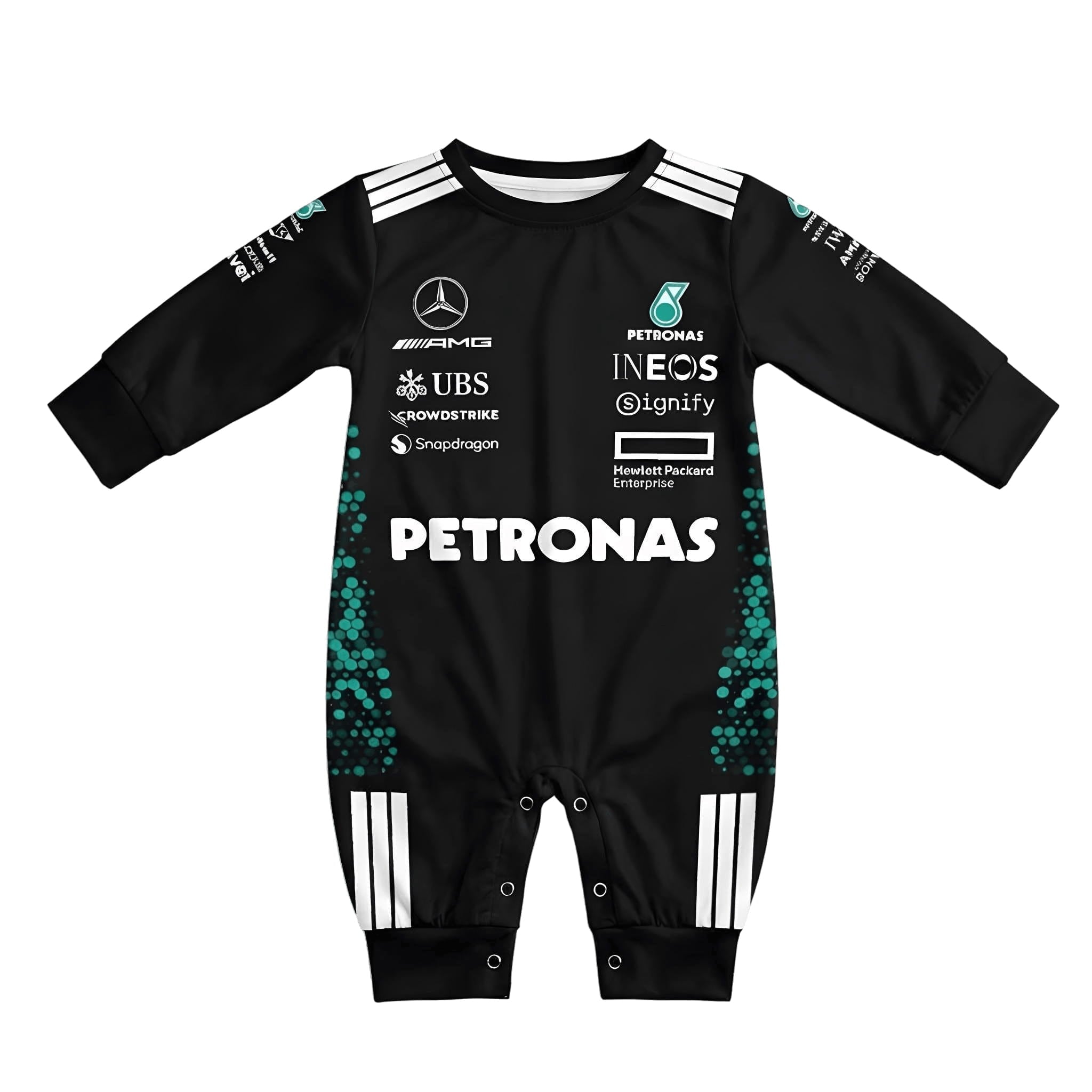 Mercedes Longsleeve Jumpsuit 2025 front view baby onesie by Dash Racegear