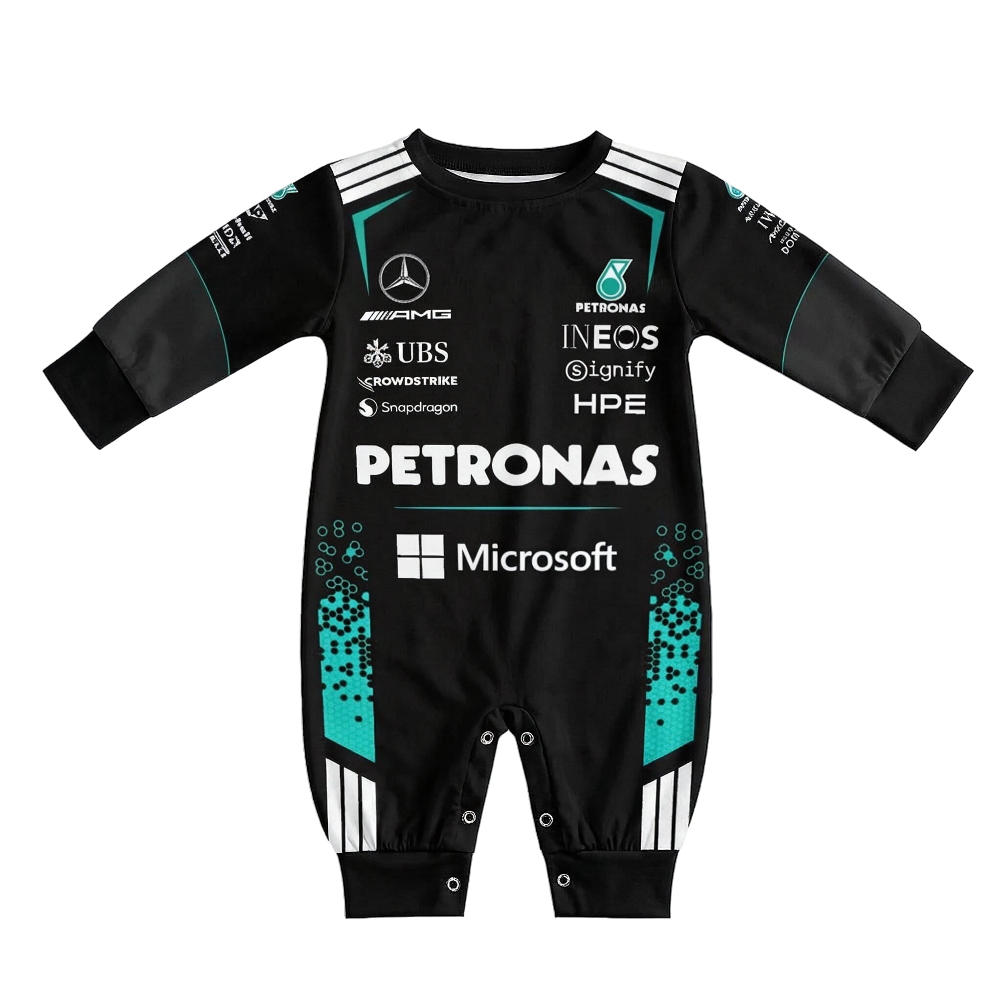Mercedes Longsleeve Baby Onesie Jumpsuit 2026 front view baby onesie by Dash Racegear