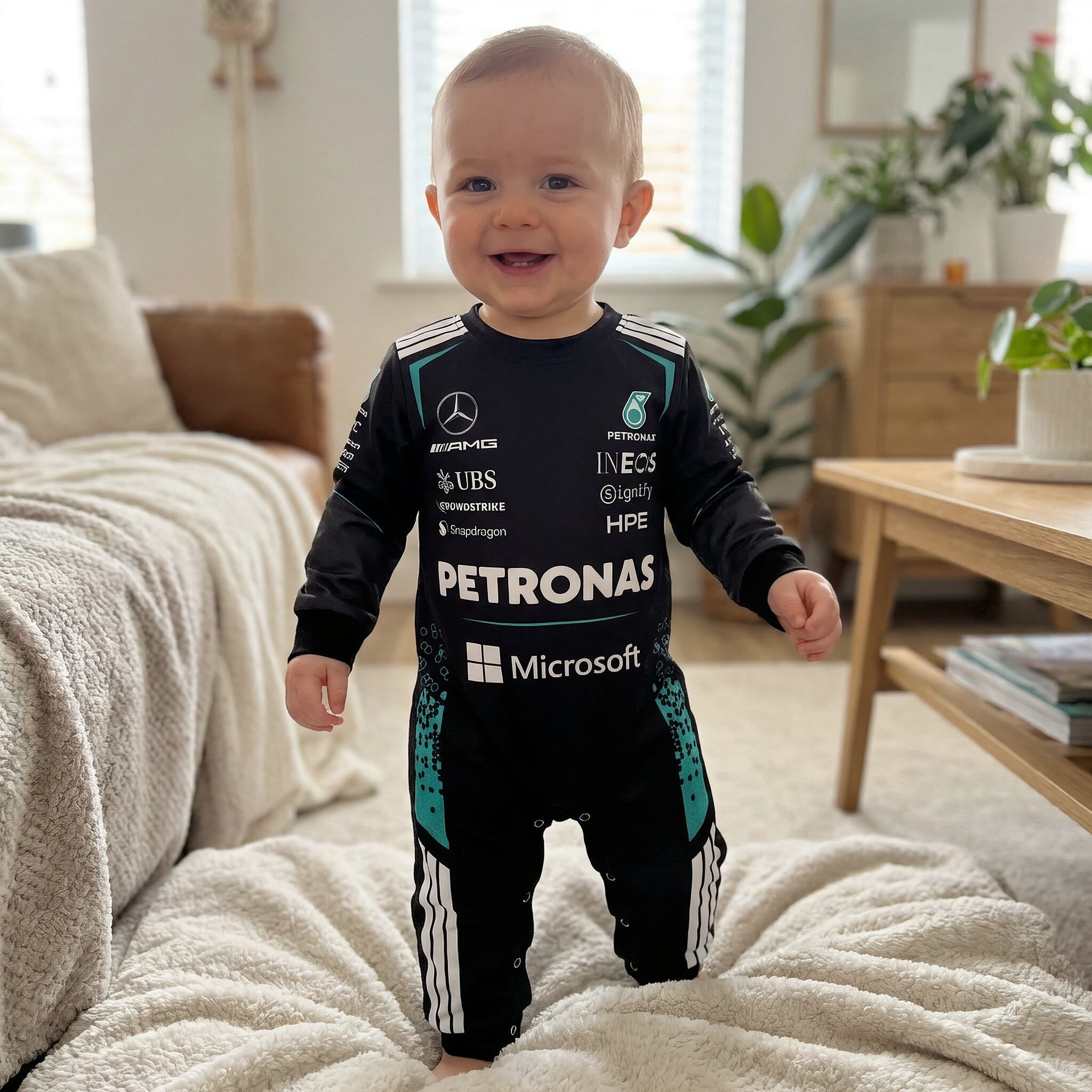 Mercedes Longsleeve Baby Onesie Jumpsuit 2026 lifestyle view for baby sports fans