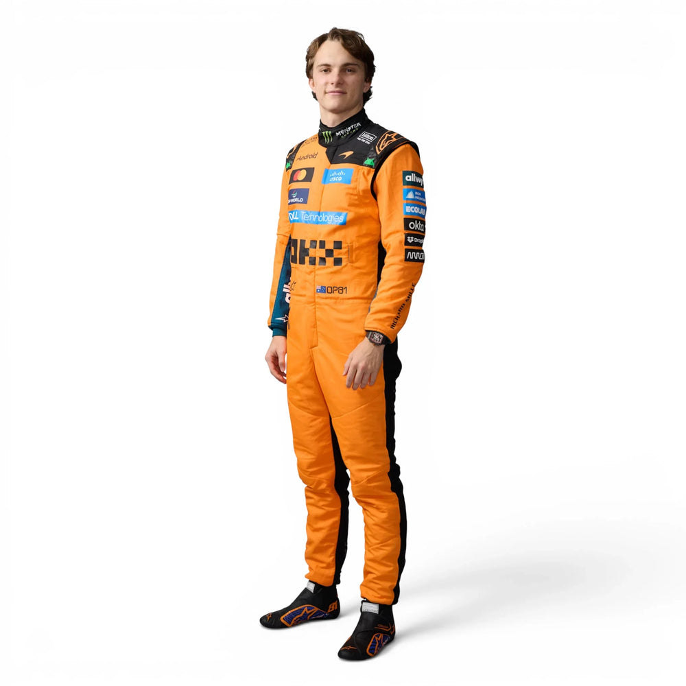 Oscar Piastri 2026 McLaren F1 Inspired Race Suit in Papaya Orange, Front view showing printed sponsor logos, by DASH RACEGEAR