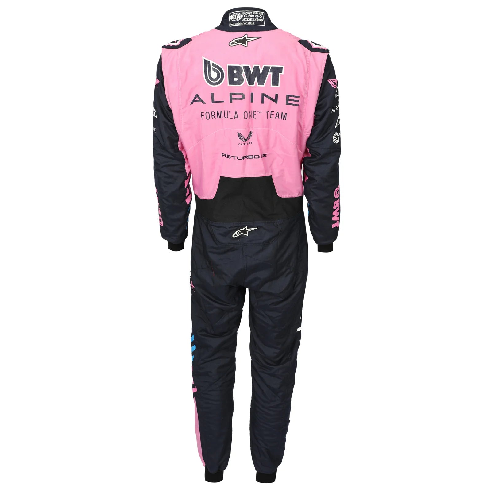 Back view of Pierre Gasly’s 2026 BWT Alpine F1 race suit in pink and navy – Dash Racegear.