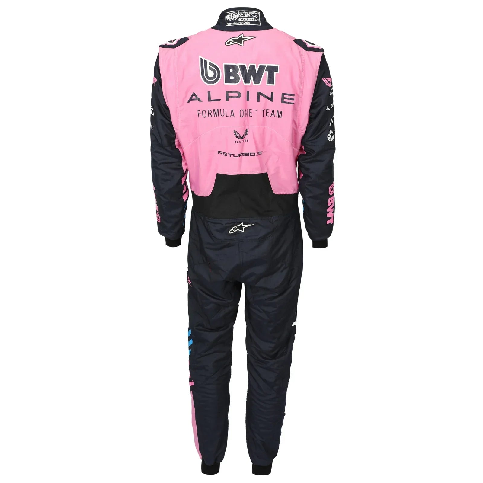 Back view of Pierre Gasly’s 2026 BWT Alpine F1 race suit in pink and navy – Dash Racegear.