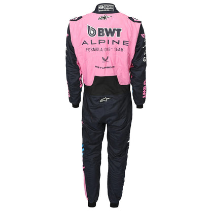 Back view of Pierre Gasly’s 2026 BWT Alpine F1 race suit in pink and navy – Dash Racegear.