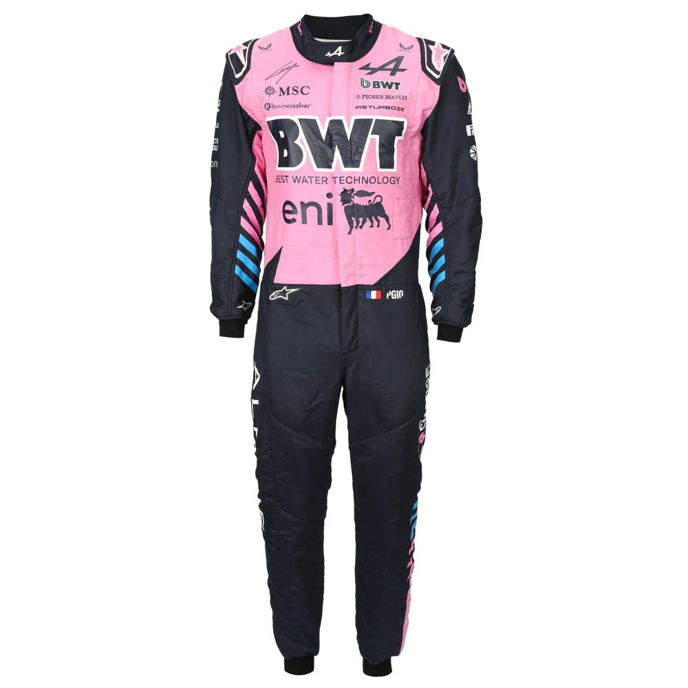 Front view of Pierre Gasly’s signed 2026 pink BWT Alpine F1 race suit – Dash Racegear.