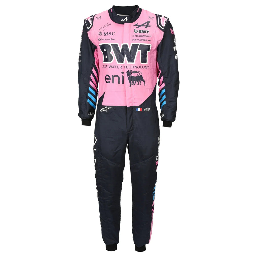 Front view of Pierre Gasly’s signed 2026 pink BWT Alpine F1 race suit – Dash Racegear.