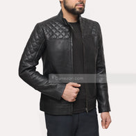 Mens Slim Fit Black Quilted Leather Jacket Leather Jacket men front product view | Dash Racegear — Black quilted slim fit jacket for mens