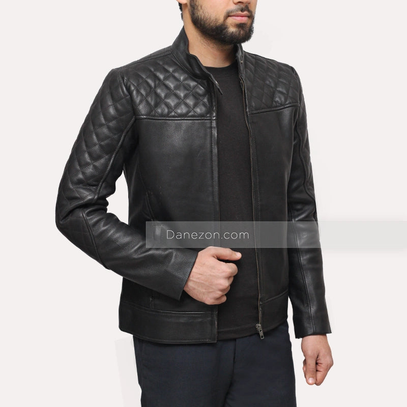 Mens Slim Fit Black Quilted Leather Jacket Leather Jacket men front product view | Dash Racegear — Black quilted slim fit jacket for mens