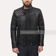 Mens Slim Fit Black Quilted Leather Jacket Leather Jacket men detail view 2 | Dash Racegear — slim fit quilted black mens jacket