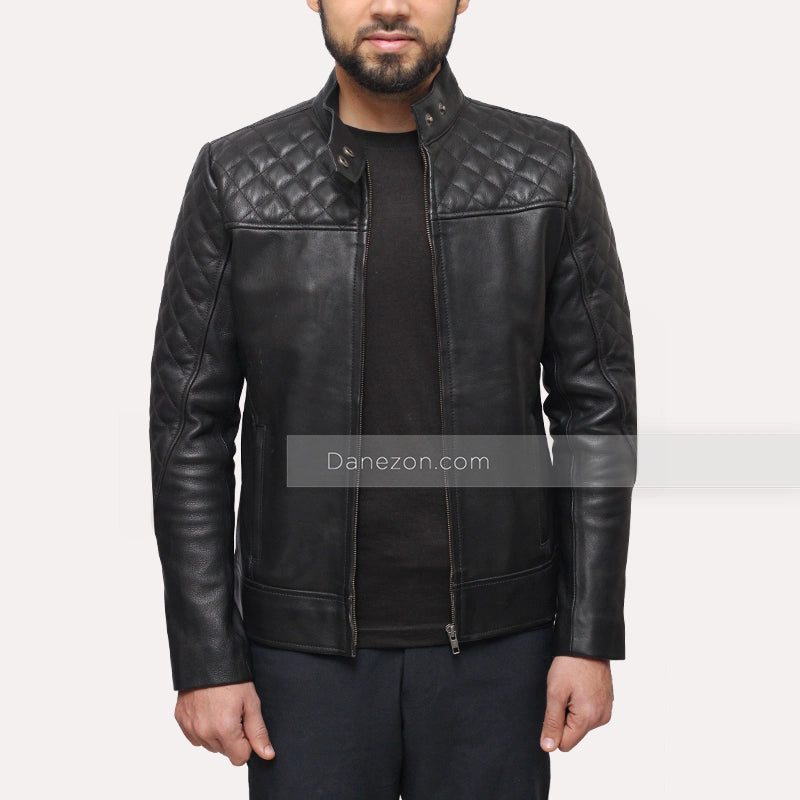 Mens Slim Fit Black Quilted Leather Jacket Leather Jacket men detail view 2 | Dash Racegear — slim fit quilted black mens jacket