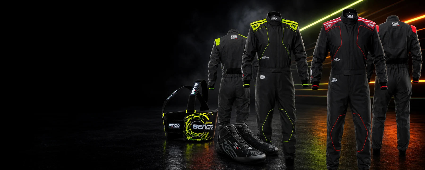 Black OMP racing suits, racing shoes and driver rib protector – Dash Racegear