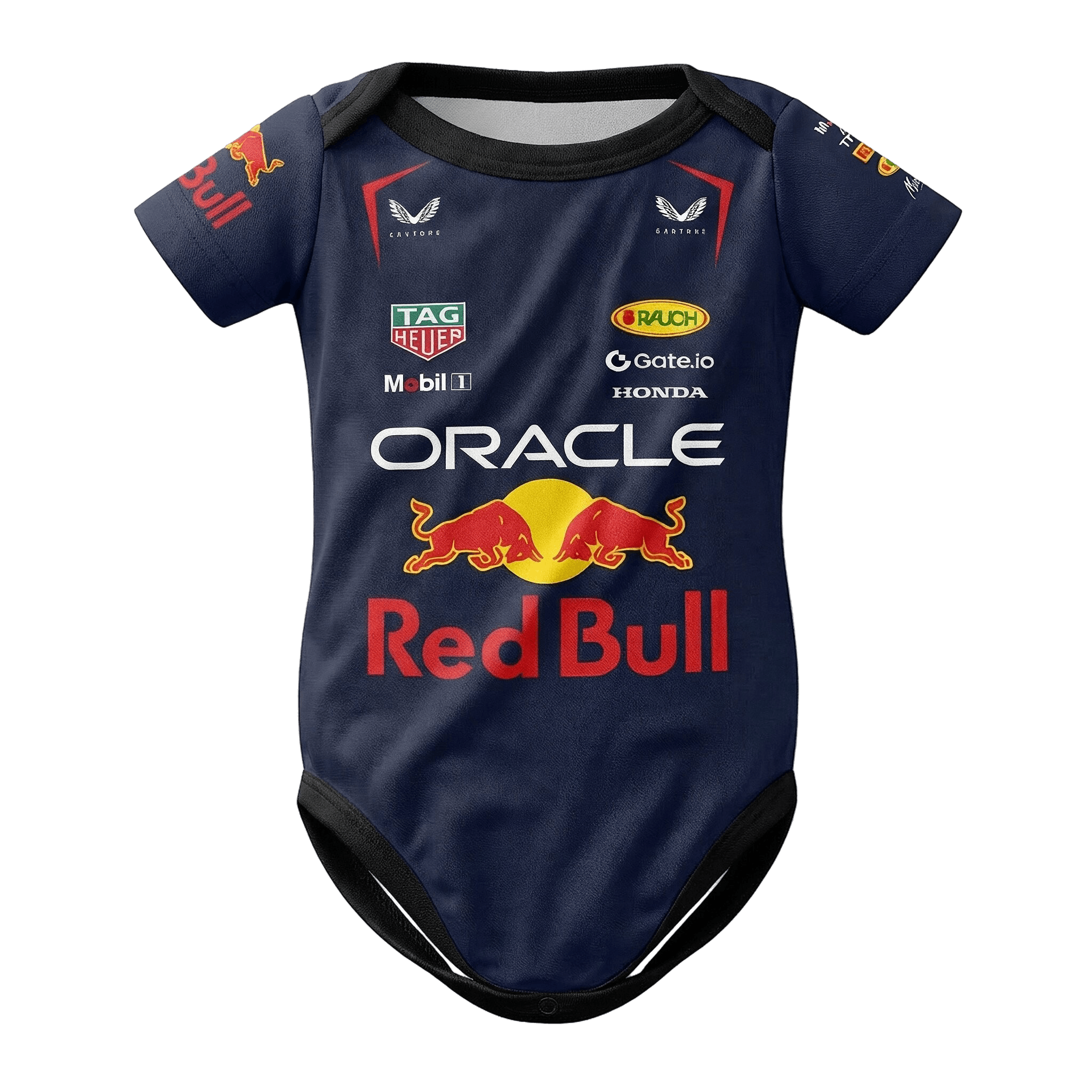 Red Bull Baby Bodysuit Onesie 2025 front view baby onesie by Dash Racegear