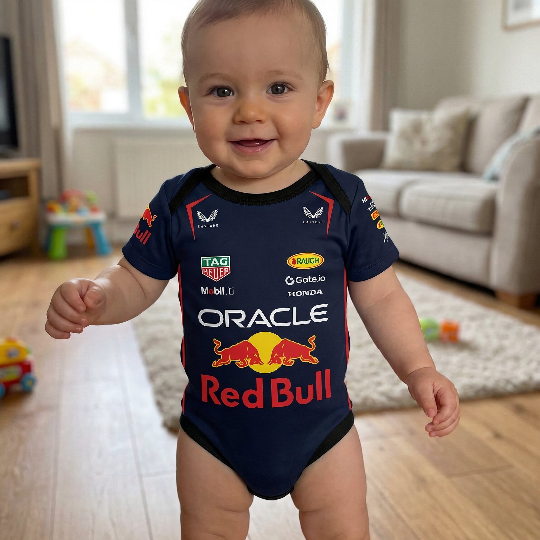 Red Bull Baby Bodysuit Onesie 2025 lifestyle view for baby sports fans