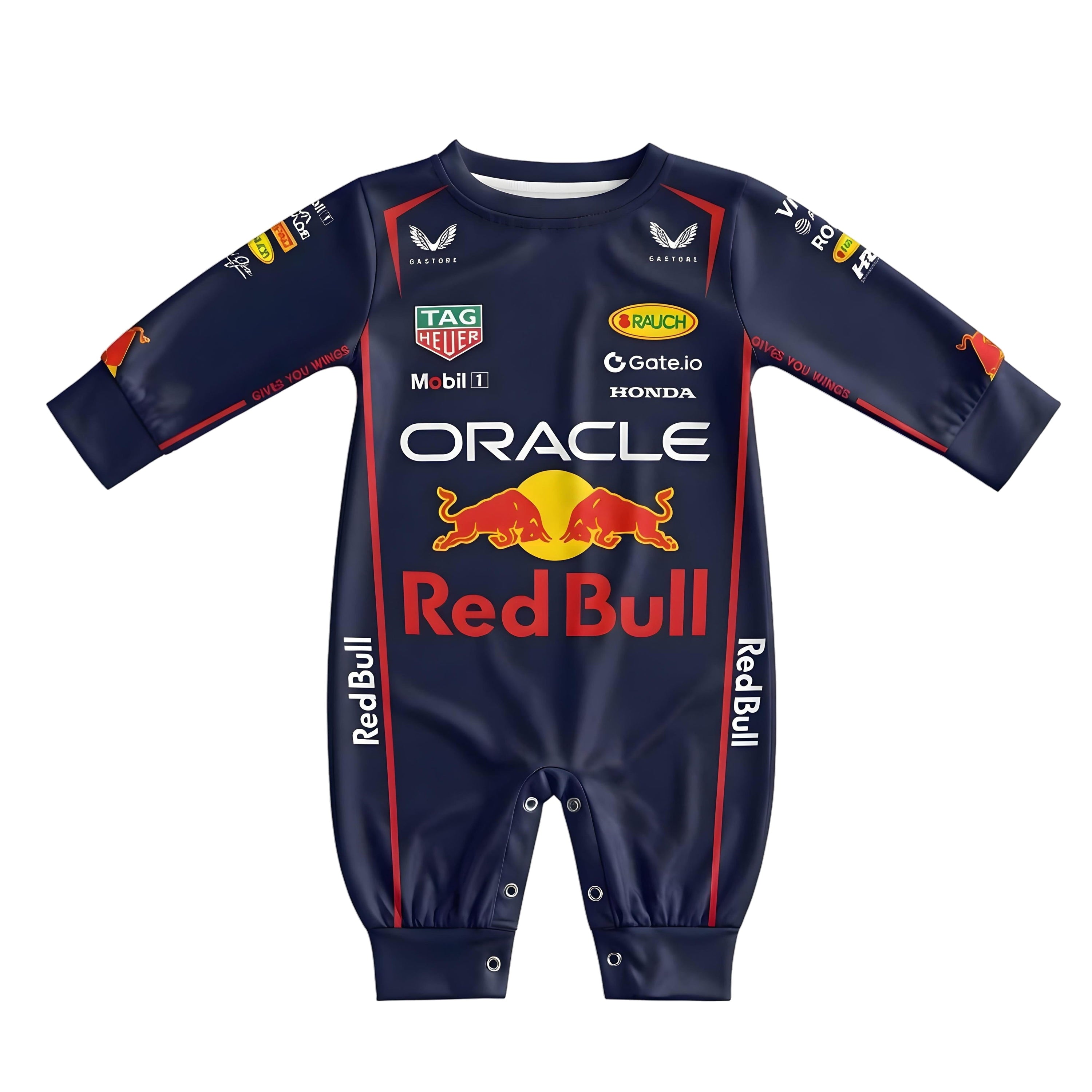 Red Bull Longsleeve Jumpsuit 2025 front view baby onesie by Dash Racegear
