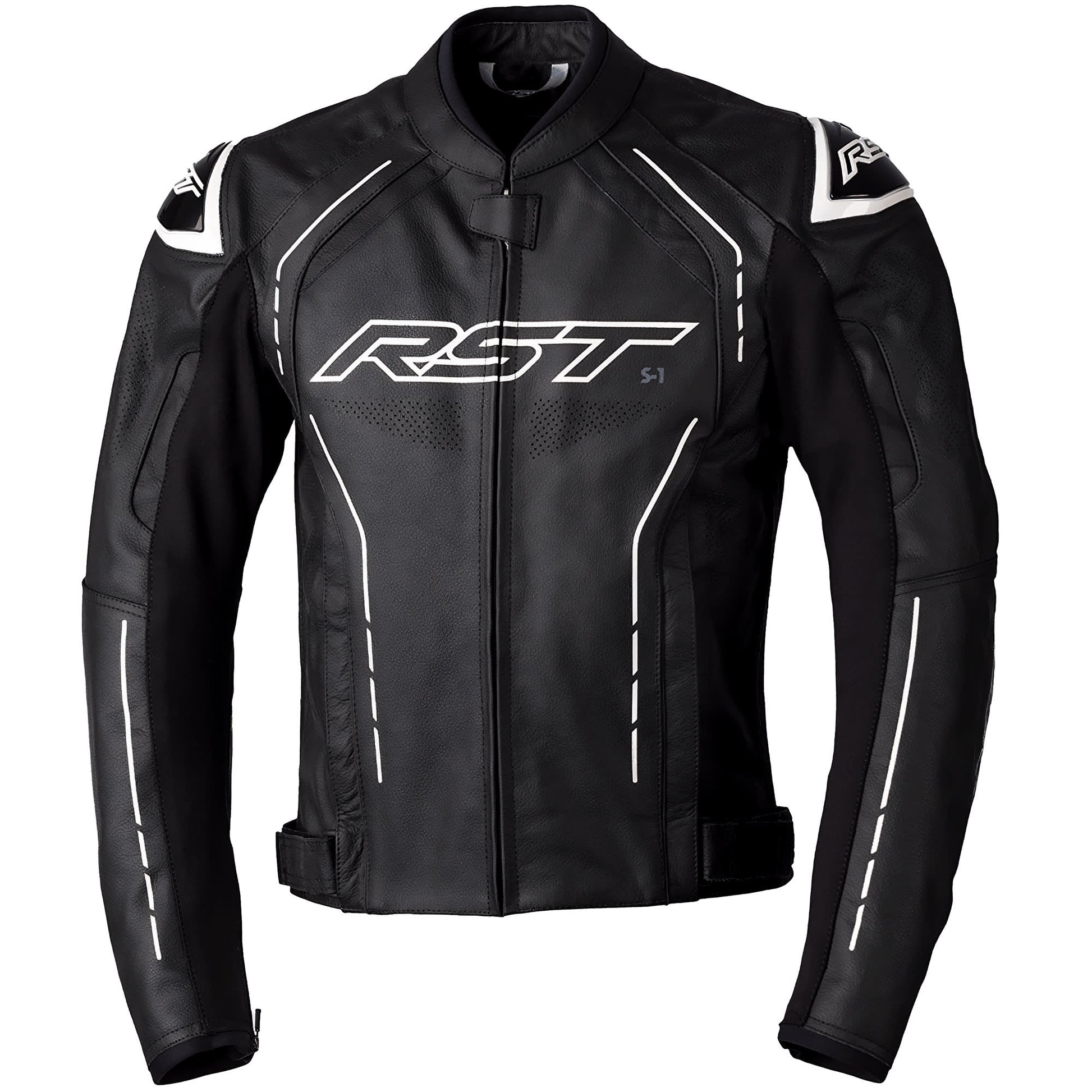 RST S1 CE Leather Jacket - Black / Black / White by RST - clearance motorcycle jacket