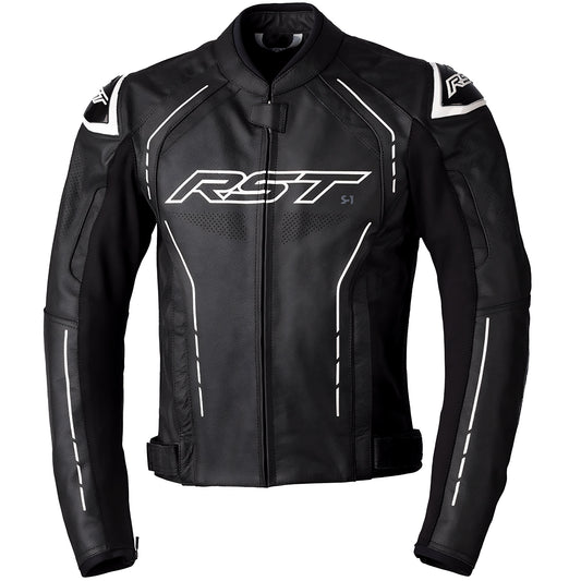 RST S1 CE Leather Jacket - Black / Black / White by RST - clearance motorcycle jacket
