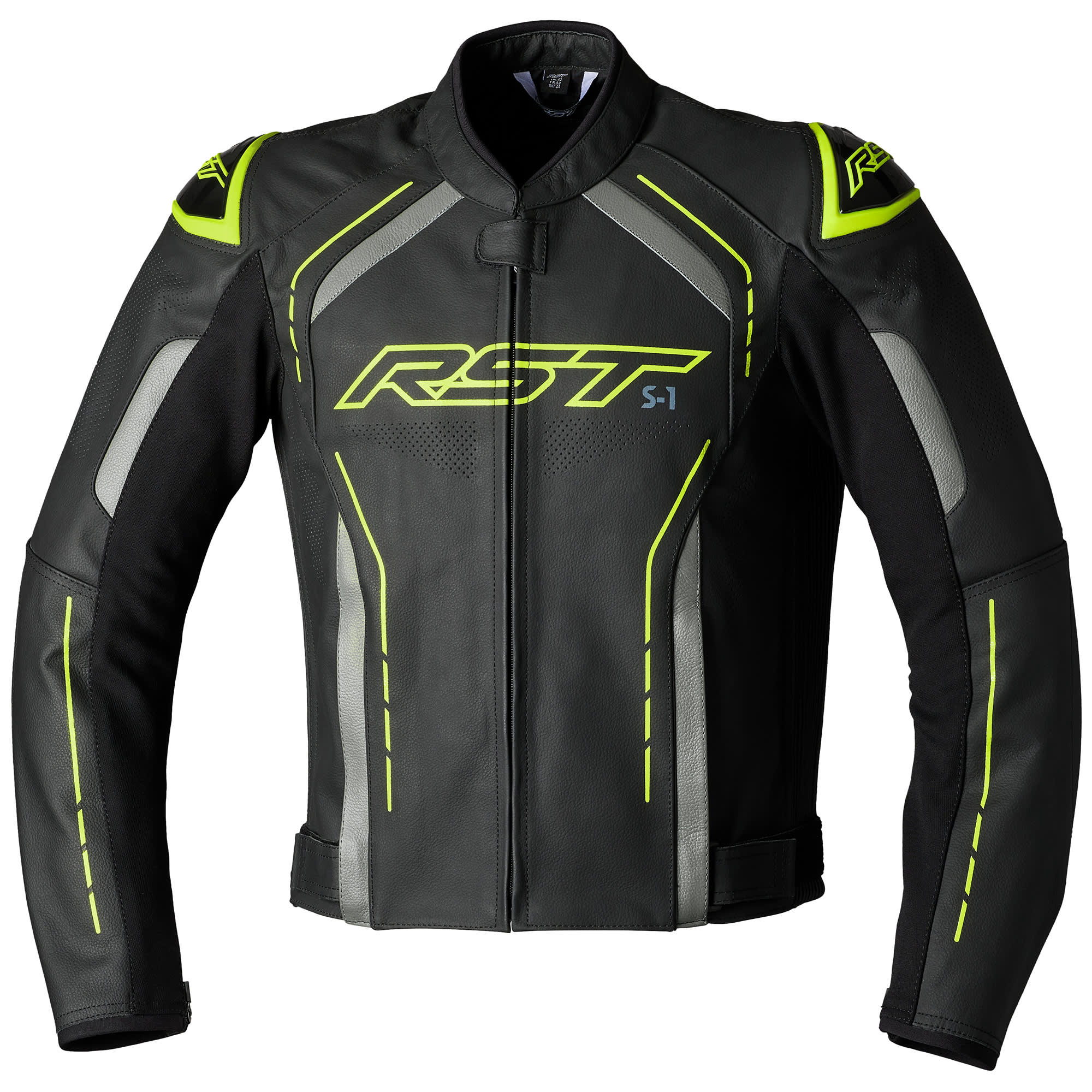 RST S1 CE Leather Jacket - Black / Grey / Fluo Yellow by RST - clearance motorcycle jacket