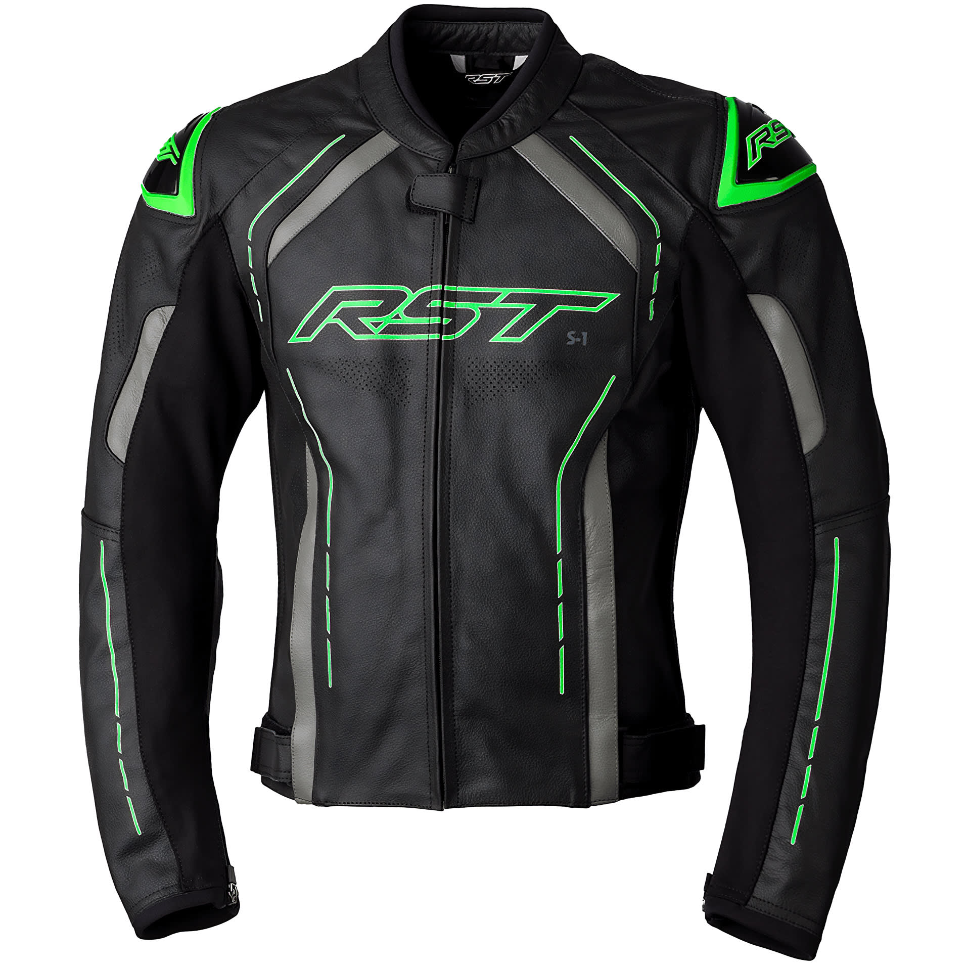 RST S1 CE Leather Jacket - Black / Grey / Neon Green by RST - clearance motorcycle jacket