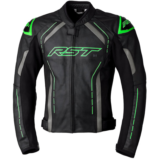 RST S1 CE Leather Jacket - Black / Grey / Neon Green by RST - clearance motorcycle jacket