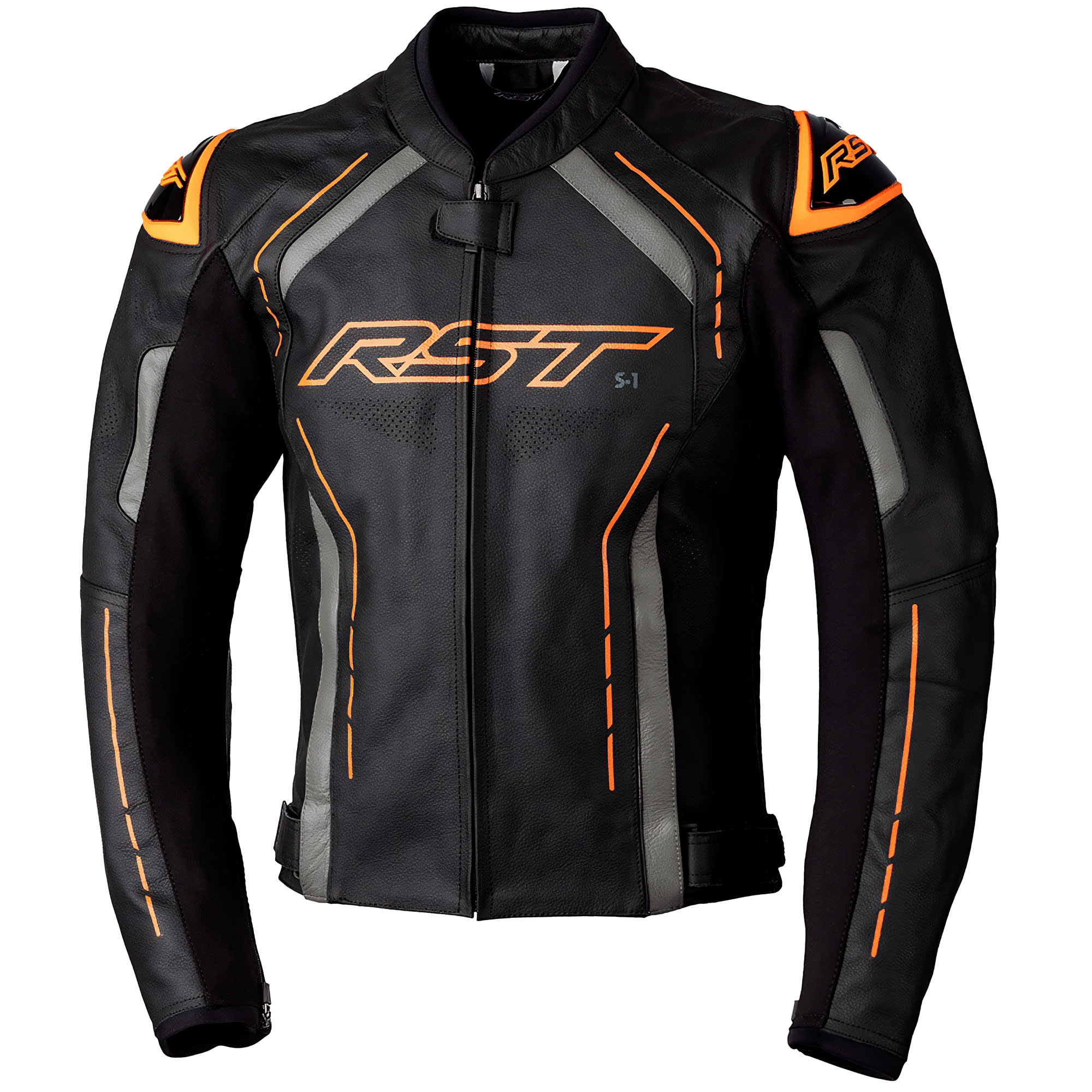 RST S1 CE Leather Jacket - Black / Grey / Neon Orange by RST - clearance motorcycle jacket
