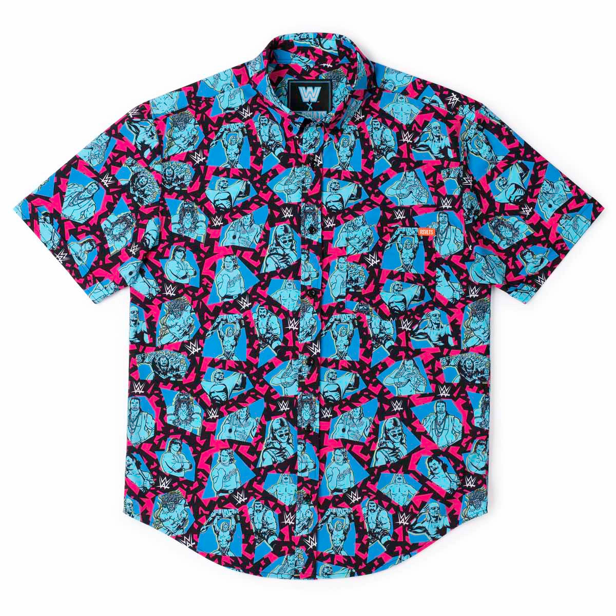 Men's RSVLTS Blue WWE 90's Style KUNUFLEX Button-Down Short Sleeve Shirt