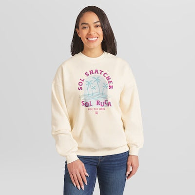 Women's WEAR by Erin Andrews Cream Sol Ruca Ride The Wave Oversized Sweatshirt - DASH RACEGEAR image 1