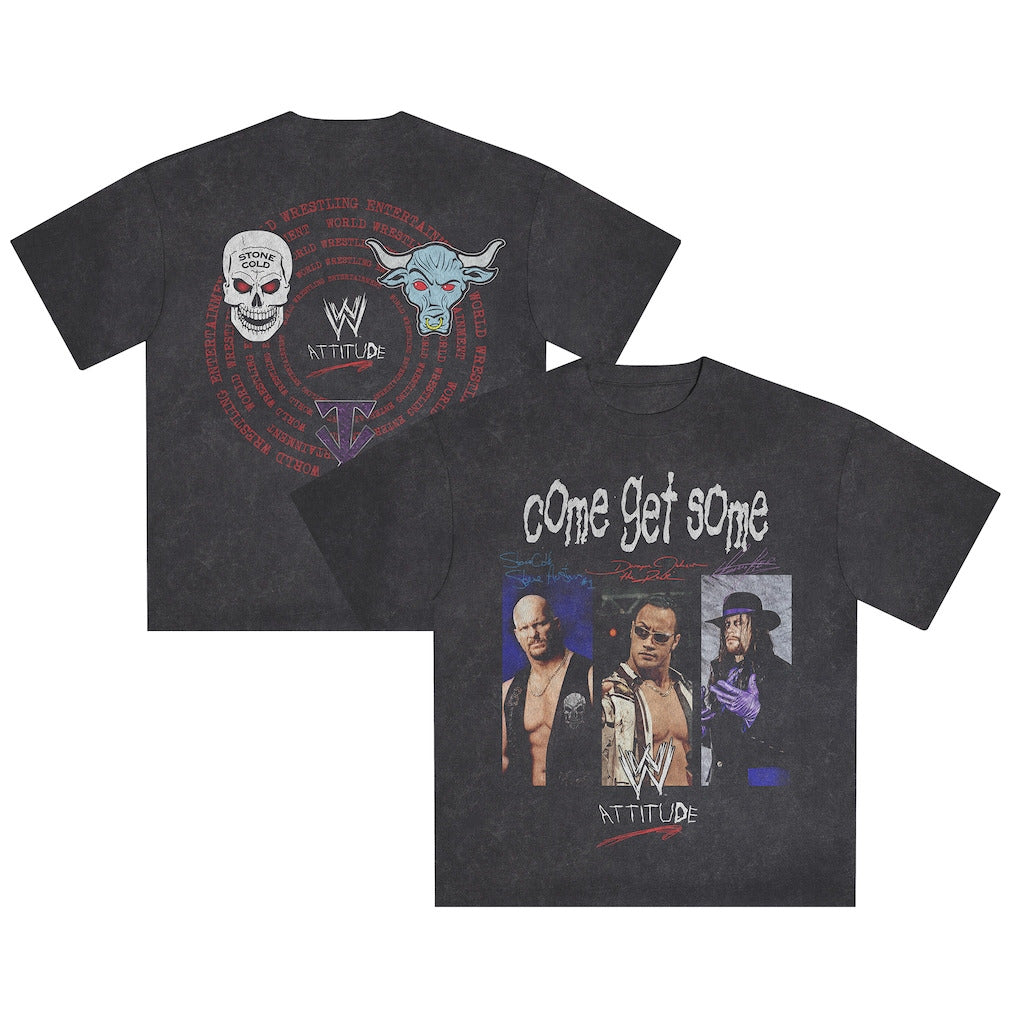 Men's Black WWE Logo Come Get Some Snow Wash Boxy T-Shirt