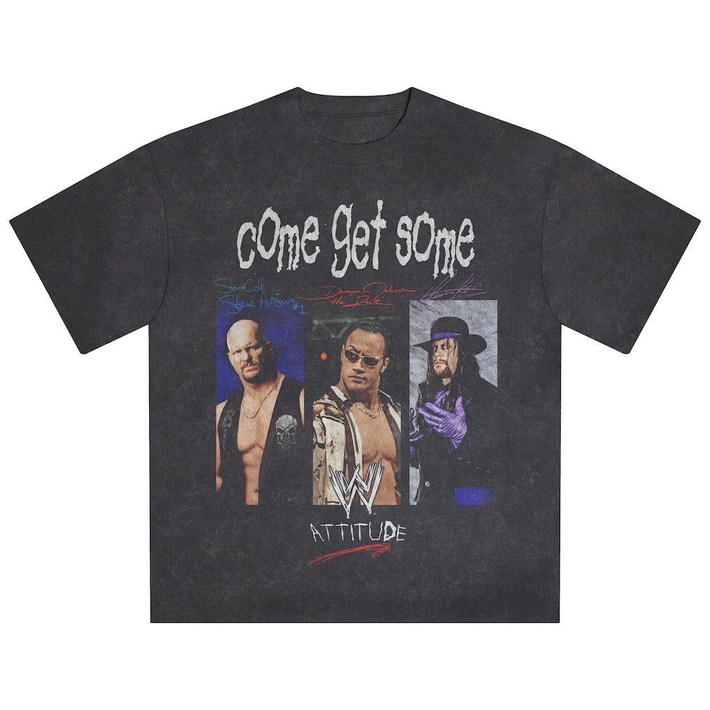 Men's Black WWE Logo Come Get Some Snow Wash Boxy T-Shirt