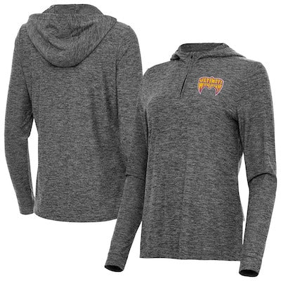 Women's Antigua Heather Black The Ultimate Warrior Daybreak Quarter-Zip Hoodie - DASH RACEGEAR image 1