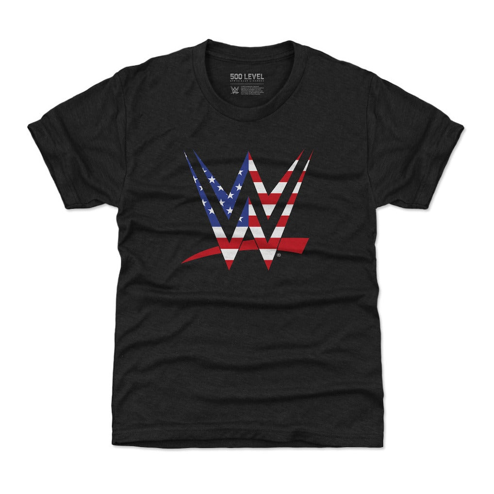 Youth 500 Level Black WWE Logo American Flag T-Shirt - DASH RACEGEAR image 1