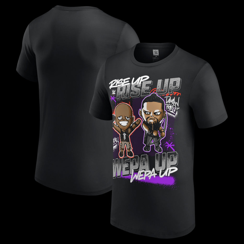 Men's Black Damian Priest & R-Truth Rise Up Wepa Up Cartoon T-Shirt - DASH RACEGEAR image 1