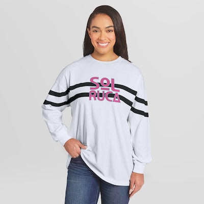 Women's WEAR by Erin Andrews White Sol Ruca Oversized Stripe Long Sleeve T-Shirt - DASH RACEGEAR image 1