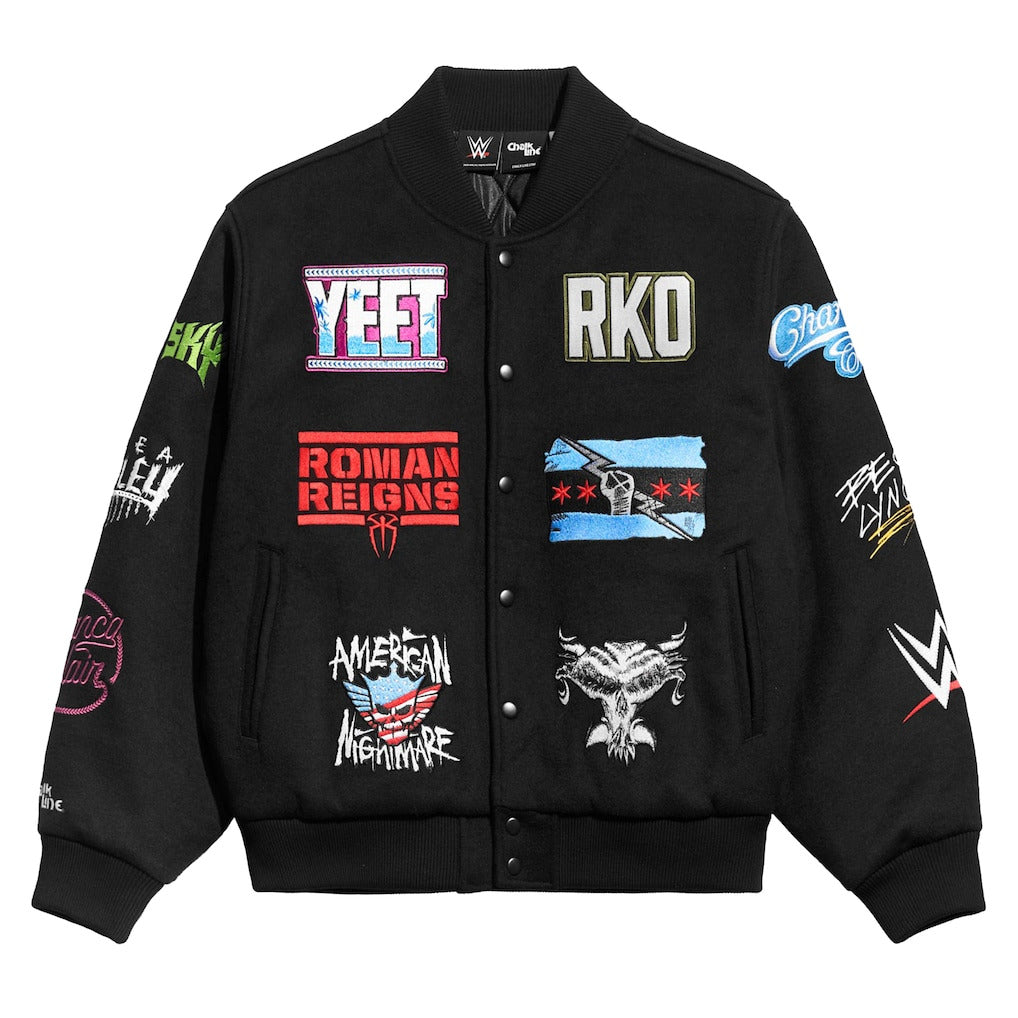 Men's Chalk Line Black WWE Superstar Logos Full-Snap Varsity Jacket