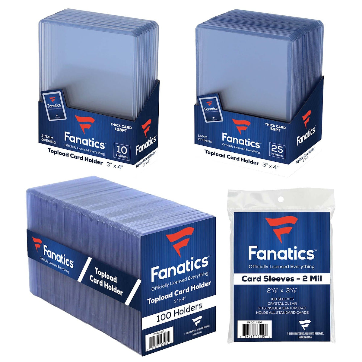 Fanatics Pro Variety Bundle - 100 Soft Sleeves, 100 Top Loader 35pt, 10 Top Loader 108pt & 25 Top Loader 59pt