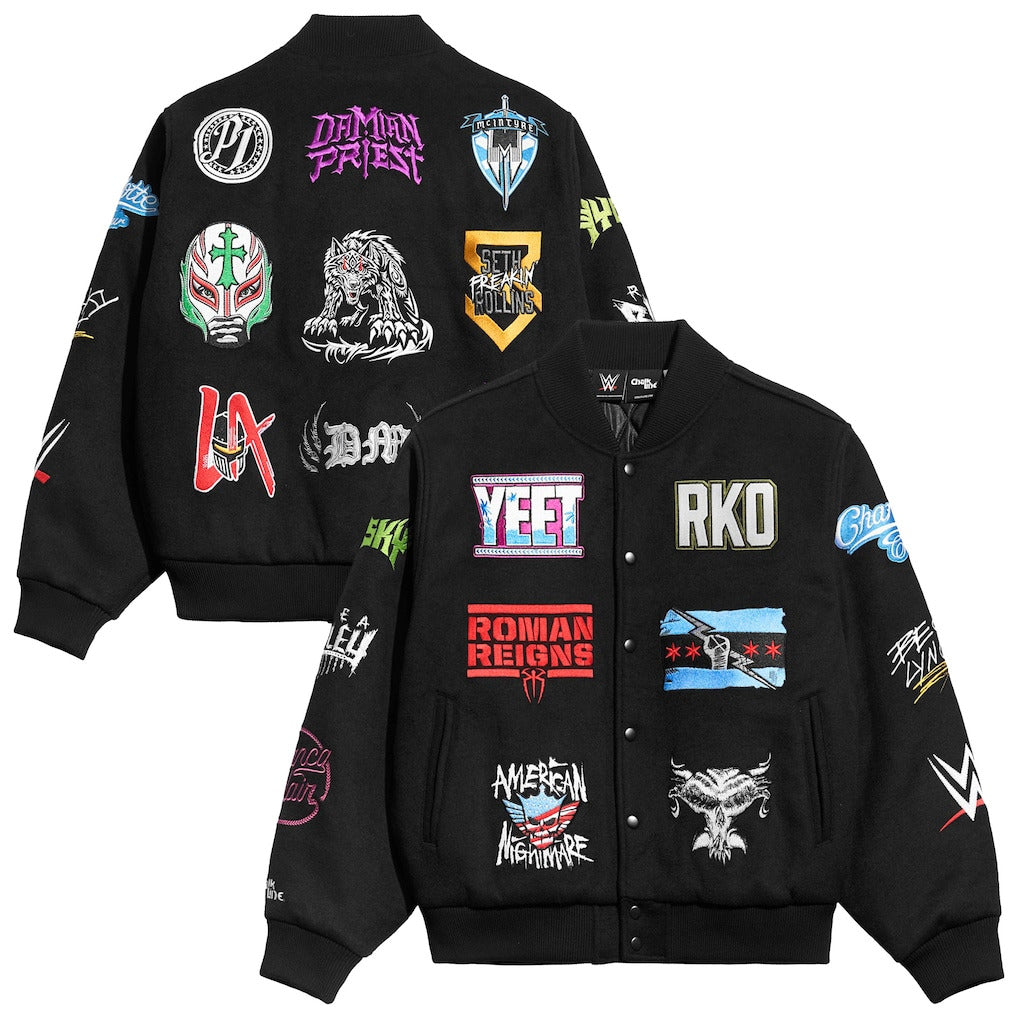 Men's Chalk Line Black WWE Superstar Logos Full-Snap Varsity Jacket