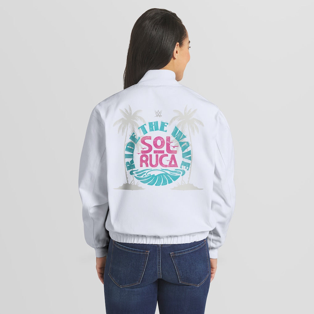 Women's WEAR by Erin Andrews White Sol Ruca Ride The Wave Denim Full-Zip Bomber Jacket - DASH RACEGEAR image 2