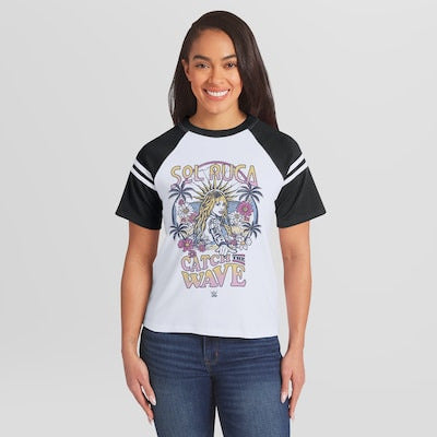 Women's WEAR by Erin Andrews White Sol Ruca Ride The Wave Raglan Stripe T-Shirt - DASH RACEGEAR image 1
