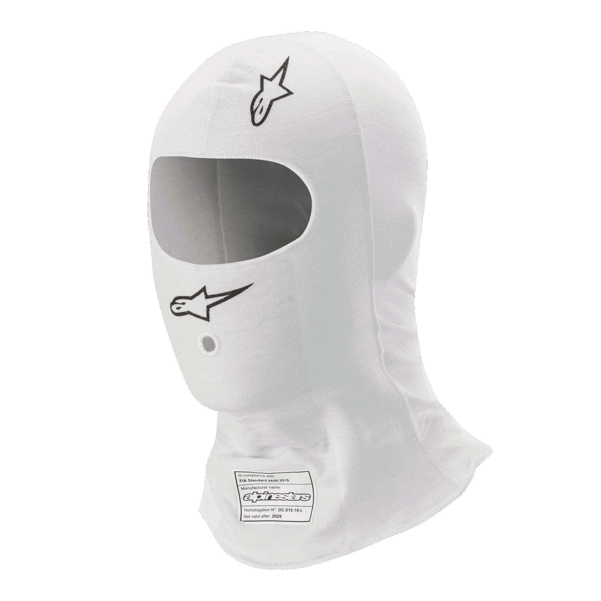 Alpinestars Race V3 Balaclava, White, Auto Racing Head Sock, featuring black Alpinestars logos, large oval eye opening, and FIA 8856-2018 homologation label, lightweight flame-resistant fabric.