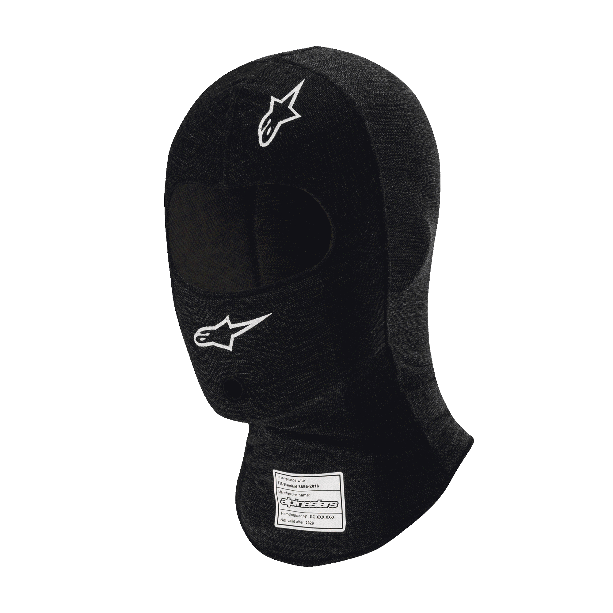 Alpinestars Race V3 Balaclava, Black flame-resistant auto racing balaclava, white star logos on forehead and cheek, FIA certification label on neck, lightweight technical fabric with eye opening for motorsport head protection