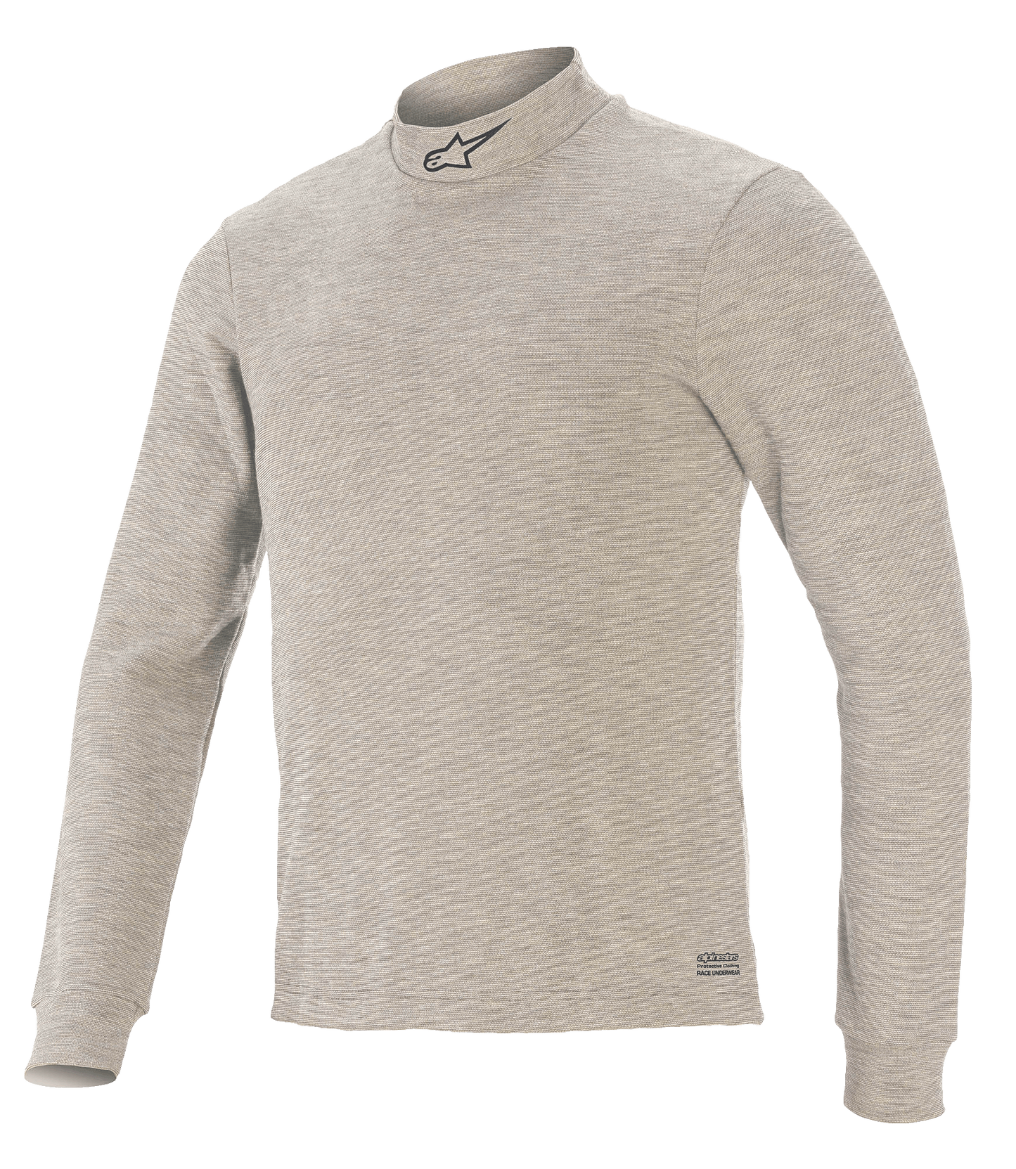Alpinestars Race V3 Long Sleeve Top, Auto Racing Base Layer, Gray, featuring a mock neck with a black star logo, long sleeves, textured flame-resistant fabric, and Alpinestars branding on the hem
