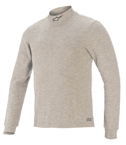 Alpinestars Race V3 Long Sleeve Top, Auto Racing Base Layer, Gray, featuring a mock neck with a black star logo, long sleeves, textured flame-resistant fabric, and Alpinestars branding on the hem