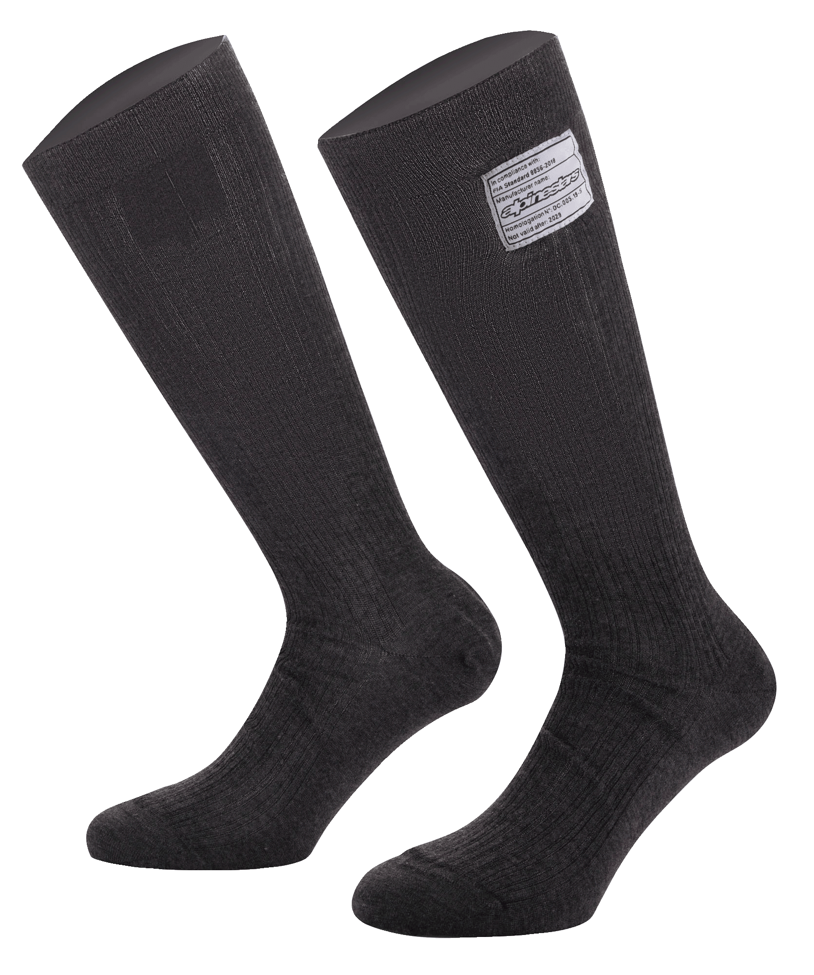 Alpinestars Race V4 Socks, Auto Racing Socks, Black, featuring FIA 8856-2018 certification tag, fire-resistant Nomex construction with ribbed texture, knee-high length, technical base layer for motorsport