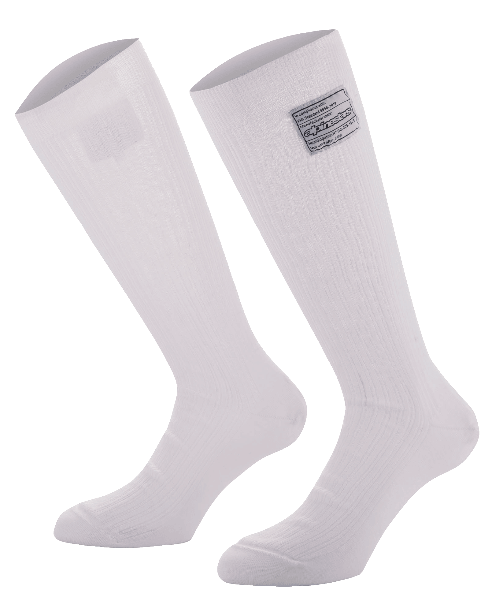 Alpinestars Race V4 Socks, White knee-high auto racing socks, ribbed Nomex construction with FIA certification tag, fire-resistant design for professional motorsport