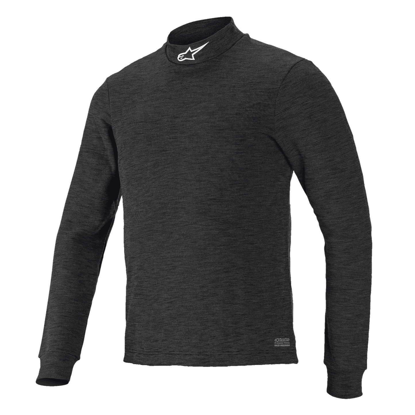 Alpinestars Race V3 Long Sleeve Top, Black textured base layer, high mock-neck collar with white logo, fitted design, flame-resistant motorsports performance wear