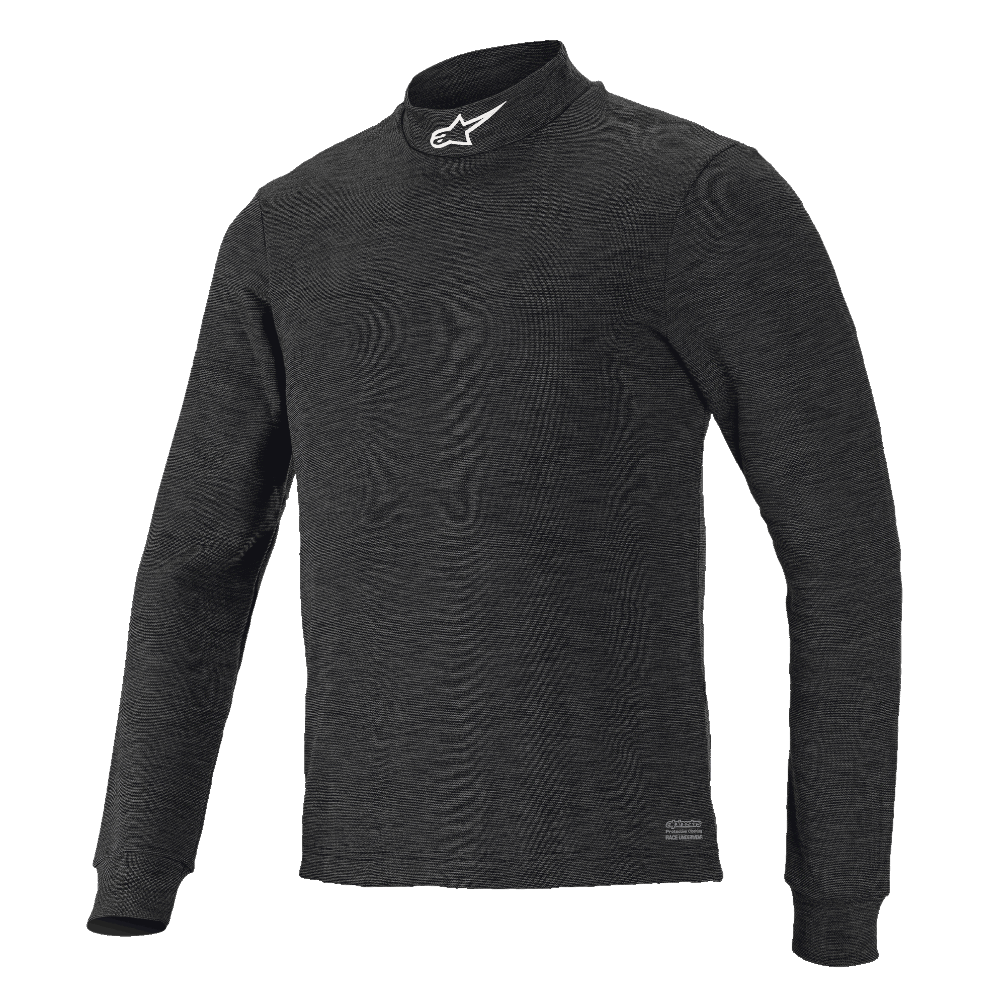 Alpinestars Race V3 Long Sleeve Top, Black textured base layer, high mock-neck collar with white logo, fitted design, flame-resistant motorsports performance wear